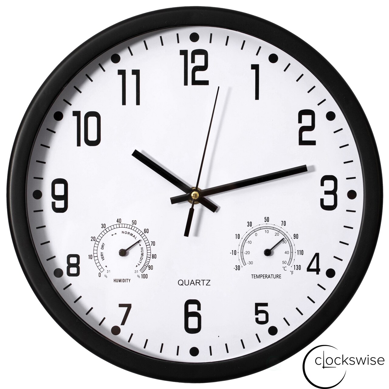 Clockswise Non-Ticking Quartz Wall Clock with Thermometer & Hygrometer - Battery Operated Plastic Analog Clock for Temperature & Humidity Monitoring - Ideal for Home, Office or School, Black
